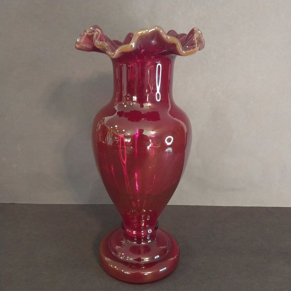 Ruby Red Amberina Glass Vase GLOWS Antique Vintage Ruffled Top